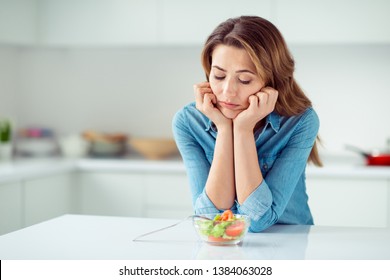 Close-up Portrait Of Her She Nice Lovely Charming Attractive Sad Bored Dull Disappointed Brown-haired Lady Looking At New Green Detox Vitamin Salad In Light White Interior Style Kitchen