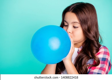 Close-up portrait of her she nice attractive cute charming wavy-haired girl in checked shirt blowing festive baloon fest isolated on bright vivid shine green blue turquoise background