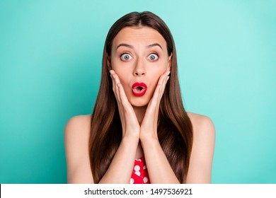 Close-up portrait of her she nice attractive lovely funny girlish cheerful cheery straight-haired girl showing omg emotion expression isolated on green blue turquoise bright vivid shine background