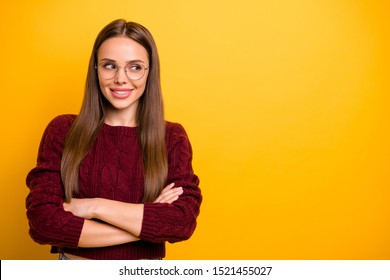Close-up portrait of her she nice attractive lovely charming cute creative brainy straight-haired girl folded arms advert ad copy space isolated over bright vivid shine yellow background