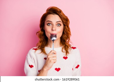 Close-up portrait of her she nice attractive pretty cute glad cheerful cheery wavy-haired girl licking spoon celebratory festal lunch homemade breakfast isolated on pink pastel color background - Powered by Shutterstock