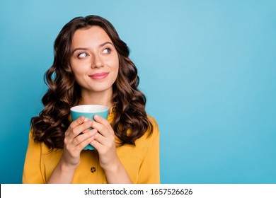 Close-up portrait of her she nice attractive cheery dreamy curious feminine wavy-haired girl holding in hands drinking latte isolated on bight vivid shine vibrant green blue turquoise color background - Shutterstock ID 1657526626