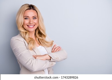 Close-up portrait of her she nice attractive cheerful cheery wavy-haired lady lawyer top executive marketing director folded arms copy space isolated on light white gray pastel color background - Shutterstock ID 1743289826
