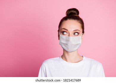 Close-up portrait of her she nice attractive minded pensive girl wearing safety mask thinking medicare wuhan syndrome copy space mers cov isolated pastel pink color background - Shutterstock ID 1821417689