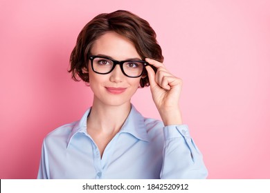 Close-up Portrait Of Her She Nice Attractive Lovely Cheery Content Brown-haired Girl Executive Assistant Specialist Ceo Boss Chief Employee Touching Specs Isolated Pink Pastel Color Background