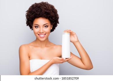 Close-up Portrait Of Her She Nice Attractive Cheery Wavy-haired Girl Wrapped In Towel Holding In Hands Using New Organic Cream Bath Gel Syringe Isolated On Light White Gray Color Pastel Background