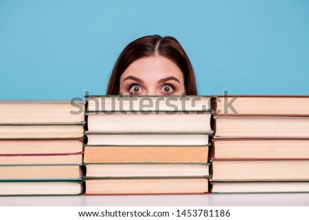 Close-up portrait of her she nice attractive intellectual smart clever brainy funny girl doing exam test subject self development at work place station isolated over bright vivid shine blue background