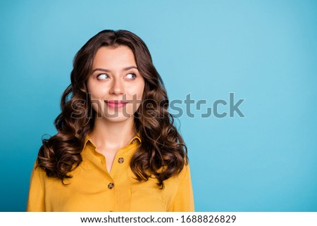 Close-up portrait of her she nice attractive lovely wavy-haired girl thinking creating new plan isolated over bright vivid shine vibrant green blue turquoise color background