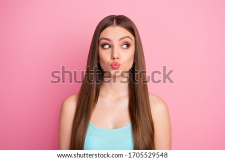 Close-up portrait of her she nice attractive lovely lovable winsome curious cheerful cheery straight-haired girl sending air kiss looking aside isolated over pink pastel color background