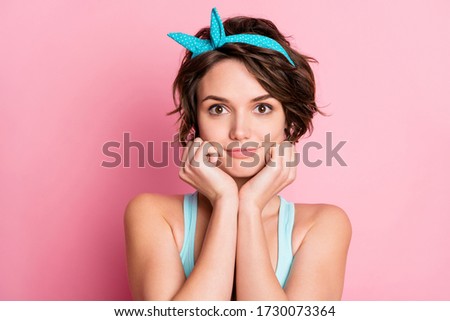 Close-up portrait of her she nice attractive lovely pretty cute winsome charming calm content cheery girl wearing blue pin-up isolated over pink pastel color background
