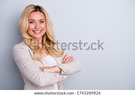 Close-up portrait of her she nice attractive cheerful cheery wavy-haired lady lawyer top executive marketing director folded arms copy space isolated on light white gray pastel color background