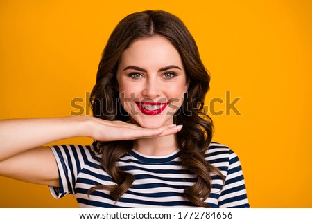 Close-up portrait of her she nice attractive lovely winsome perfect glamorous cheerful wavy-haired girl demonstrating healthy teeth isolated on bright vivid shine vibrant yellow color background