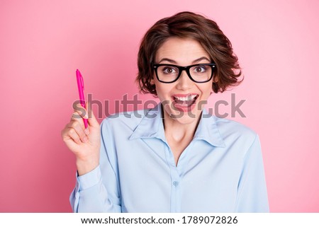 Close-up portrait of her she nice attractive creative brainy intelligent cheerful cheery glad brown-haired girl creating solution great idea isolated over pink pastel color background