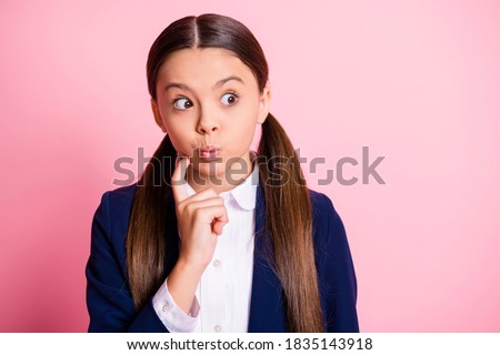Close-up portrait of her she nice attractive lovely intellectual brainy, amazed brown-haired girl overthinking touching chin pout lips isolated over pink pastel color background