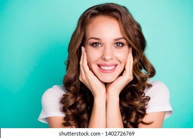 Close-up portrait of her she nice-looking attractive lovely lovable winsome sweet gorgeous healthy cheerful cheery wavy-haired lady enjoying isolated on bright vivid shine blue background