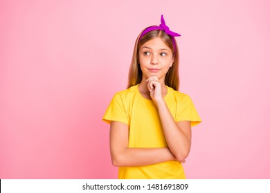 Close-up portrait of her she nice-looking attractive pretty shine creative pre-teen girl wearing yellow tshirt creating solution isolated over pink pastel background