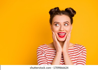 Close-up portrait of her she nice-looking attractive lovely pretty charming glamorous cheerful cheery girl enjoying good news isolated over bright vivid shine vibrant yellow color background