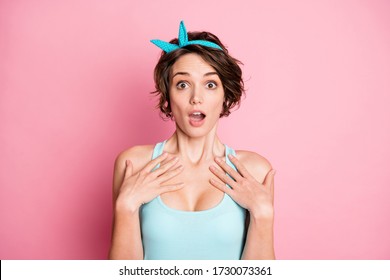Close-up portrait of her she nice-looking attractive pretty cute lovely amazed glad cheerful cheery girl showing expression isolated on pink pastel color background
