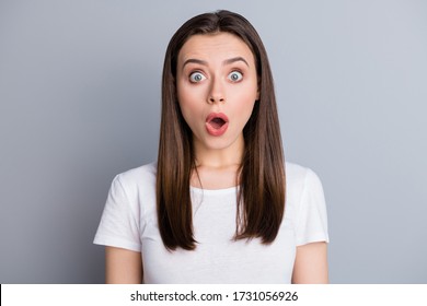 Close-up portrait of her she nice-looking attractive cute lovely shine shocked worried nervous straight-haired girl influenza fear feeling isolated over grey pastel color background - Shutterstock ID 1731056926