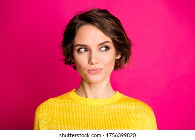 Close-up Portrait Of Her She Nice-looking Attractive Lovely Pretty Cute Curious Cheery Girl Thinking Isolated On Bright Vivid Shine Vibrant Pink Fuchsia Color Background