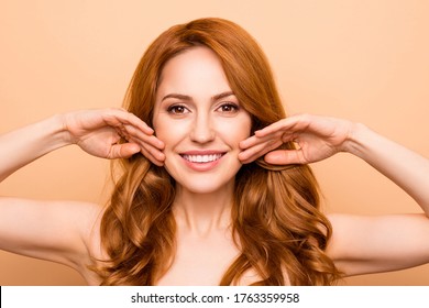Close-up portrait of her she nice-looking attractive lovely sweet tender gentle delicate shine cheerful wavy-haired lady therapy treatment salon procedure correction isolated over beige background