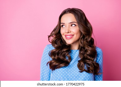 Close-up portrait of her she nice-looking attractive lovely curious cheerful cheery dreamy tanned wavy-haired lady dreaming thinking gift surprise isolated over pink pastel color background
