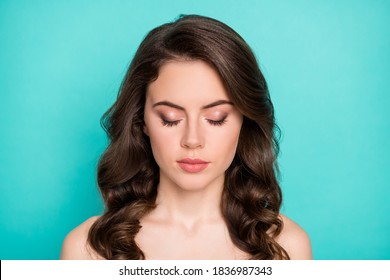 Close-up portrait of her she nice-looking attractive lovely nude naked calm wavy-haired girl trendy make-up clear skin closed eyes isolated bright vivid shine vibrant green turquoise color background