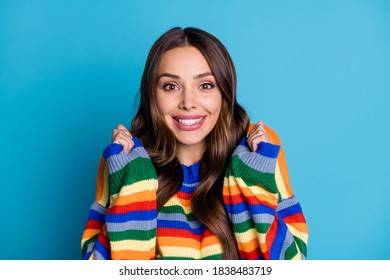 Close-up portrait of her she nice-looking attractive pretty cute lovely cheerful cheery brown-haired lady expecting good news isolated bright vivid shine vibrant blue color background - Shutterstock ID 1838483719