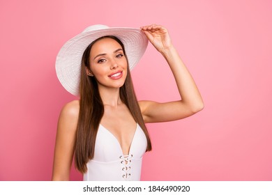 Close-up portrait of her she nice-looking attractive lovely sweet pretty winsome shine feminine cheerful cheery straight-haired lady enjoying weekend isolated on pink pastel background