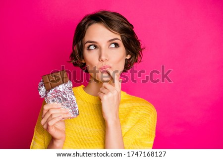 Close-up portrait of her she nice-looking attractive lovely pretty charming dreamy girl enjoying tasting dark chocolate cocoa isolated over bright vivid shine vibrant pink fuchsia color background