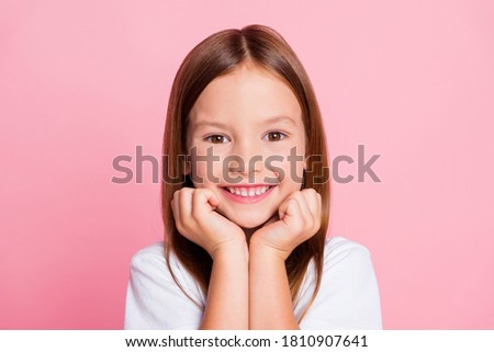 Close-up portrait of her she nice-looking attractive lovely kind sweet cute cheerful cheery foxy ginger pre-teen girl enjoying good mood isolated on pink pastel color background