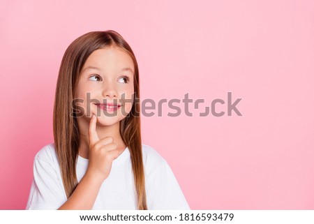 Close-up portrait of her she nice-looking attractive creative smart clever curious cheerful foxy ginger girl fantasizing copy empty space learn idea solution isolated on pink pastel color background
