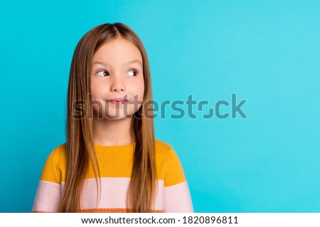Close-up portrait of her she nice-looking lovely attractive curious creative cheery long-haired girl learning creating plan copy space isolated over bright vivid shine vibrant blue color background