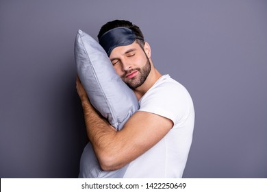 Close-up Portrait Of His He Nice Attractive Bearded Guy Holding In Hands Pillow Drowsiness Going To Bed Sleeping Quietly Calmly Isolated Over Gray Pastel Violet Purple Background