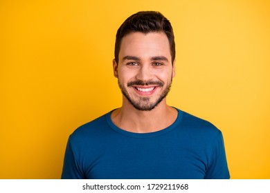 Close-up Portrait Of His He Nice Attractive Cheerful Cheery Brunette Guy Wearing Blue Tshirt Isolated Over Bright Vivid Shine Vibrant Yellow Color Background