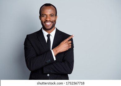 Close-up Portrait Of His He Nice Attractive Cheerful Cheery Glad Luxurious Guy Employee Banker Economist Director Showing Decision Ad Advert Isolated Over Grey Pastel Color Background