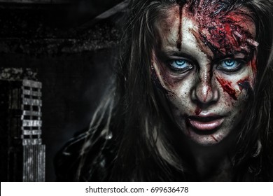 Close-up Portrait Of Horrible Zombie Woman With Wounds. Horror. Halloween Poster.