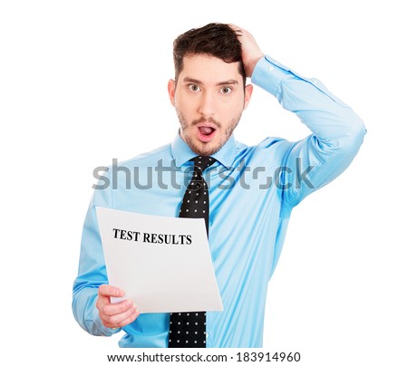 Closeup portrait, horrified, shocked, funny looking young man disgusted by his test results statement, isolated white background. Negative human emotion facial expression feelings. 