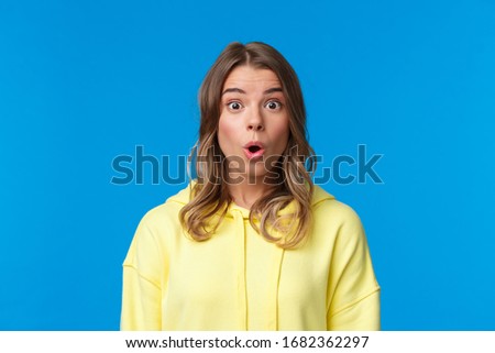 Similar – Image, Stock Photo Amazed woman, she expresses WOW. Impressed lady on yellow background. Great news