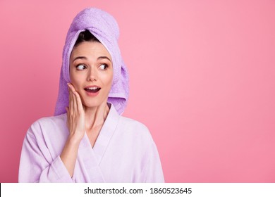 Close-up portrait of lovely amazed cheery girl wearing turban on head looking aside copy space isolated over pink pastel color background - Powered by Shutterstock