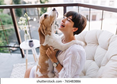 Close-up portrait of lovely black-haired lady looking with smile at funny puppy while sitting on balcony. Stunning girl in bathrobe wears bracelet and wristwatch playing with beagle dog. - Powered by Shutterstock