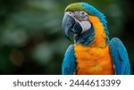 A close-up portrait of a Macaw parrot, focusing on its detailed, colorful feathers and striking eyes. The background is blurred, emphasizing the bird