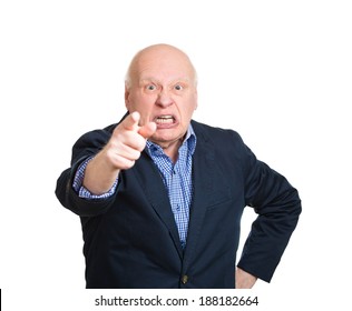 Closeup portrait, mad, serious senior mature man, pointing at you with index finger hand sign gesture, isolated white background. Negative human emotion facial expression feelings, symbols