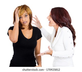 Closeup Portrait Of Mad Woman Nagging Complaining To Other Lady Who Is Getting Pissed Off Annoyed, Isolated On White Background. Negative Emotion Facial Expression Feelings. Interpersonal Conflict