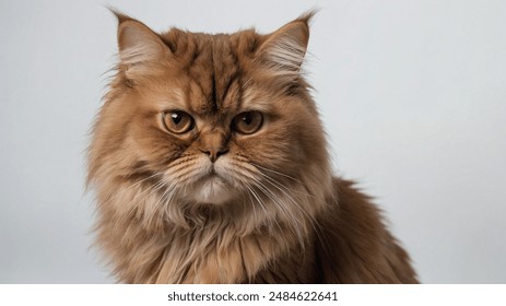 Close-Up Portrait of a Majestic Brown Persian Cat with Fluffy Fur and Striking Amber Eyes on a Plain White Studio Background - Powered by Shutterstock
