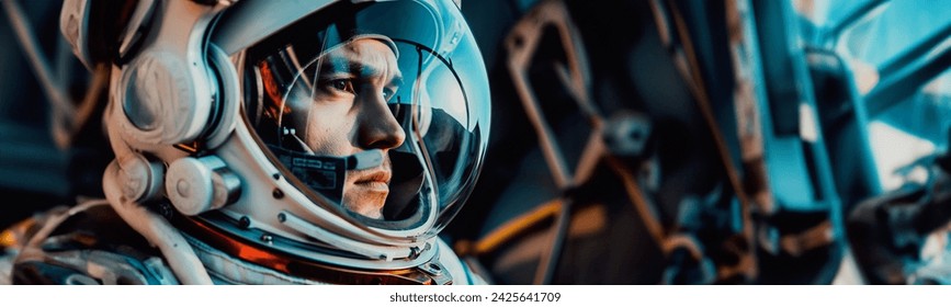 Closeup portrait of a male astronaut wearing a space suit in international space station - Powered by Shutterstock