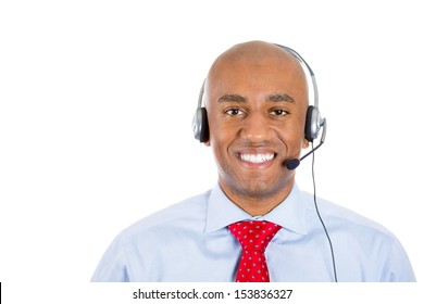 Closeup Portrait Of Male Customer Service Representative Or Call Centre Worker Or Operator Or Support Staff Speaking With Head Set, Isolated On White Background With Copy Space