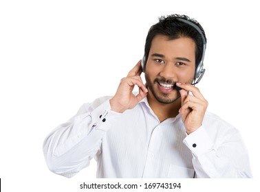 Closeup Portrait Of Male Customer Service Representative Or Call Centre Worker Or Operator Or Support Staff Speaking With Head Set, Isolated On White Background