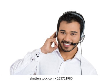 Closeup Portrait, Male, Handsome Customer Service Representative, Call Centre Worker, Operator Or Support Staff Speaking With Head Set, Isolated White Background. Positive Human Communication