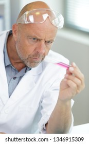 close-up portrait of a male researcher holding a test tube - Shutterstock ID 1346915309